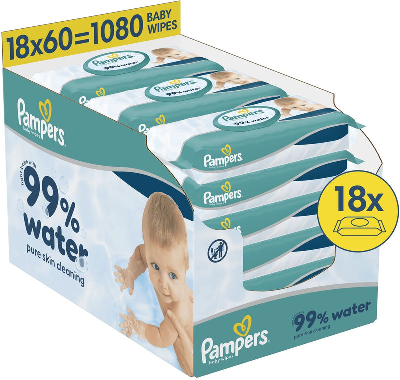 Toallitas húmedas para bebés Pampers con 99 % de agua: 18 paquetes de 60 toallitas = 1080 toallitas para bebés