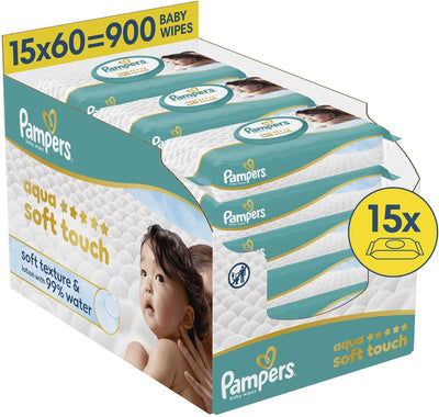 Pampers aqua soft touch - billendoekjes - zachte textuur lotion met 99% water - 15 verpakkingen van 60 doekjes = 900 babydoekjes