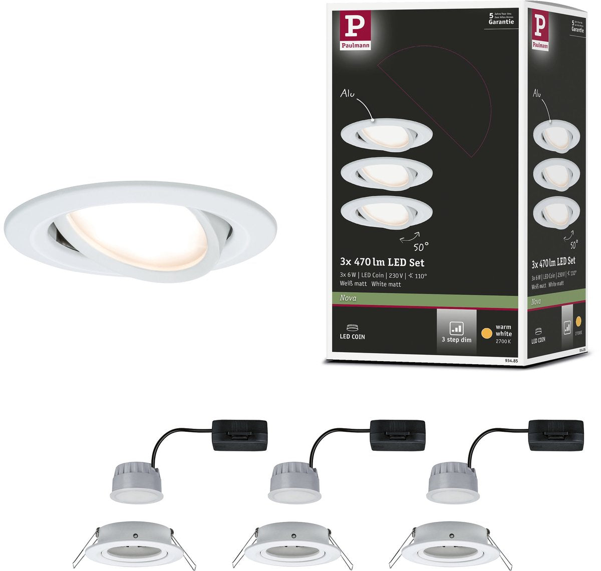 Paulmann LED empotrable 3-step-dim nova coin set básico orientable redondo 84 mm 50° coin 3x6w 3x470lm 230v regulable 2700k blanco mate