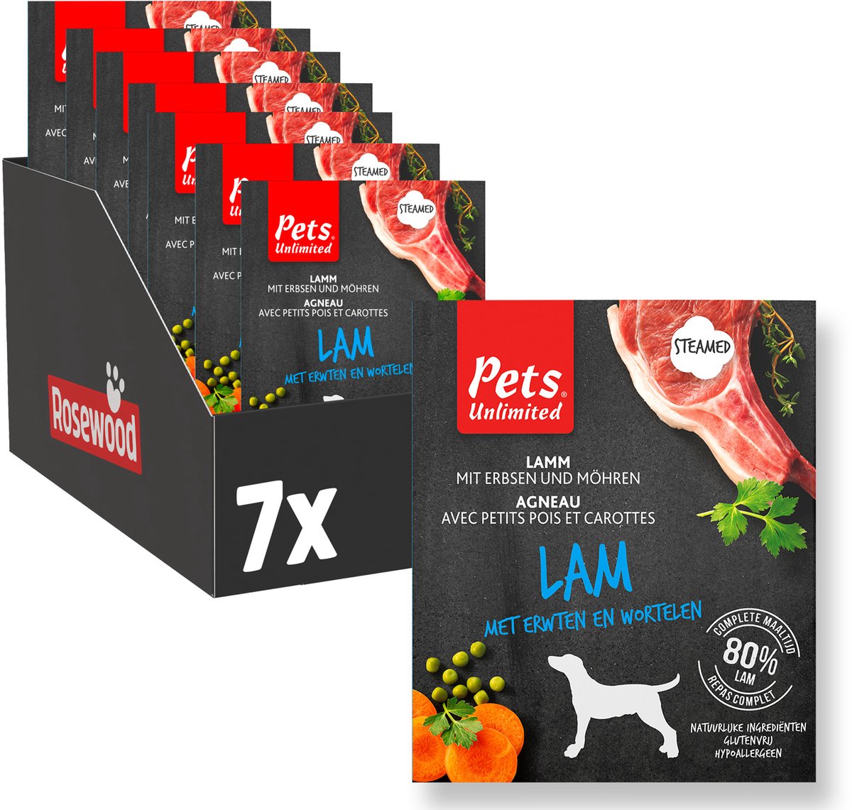 Rosewood Pets Unlimited - comida húmeda para perros - cordero - comida al vapor - 7 envases x 395g