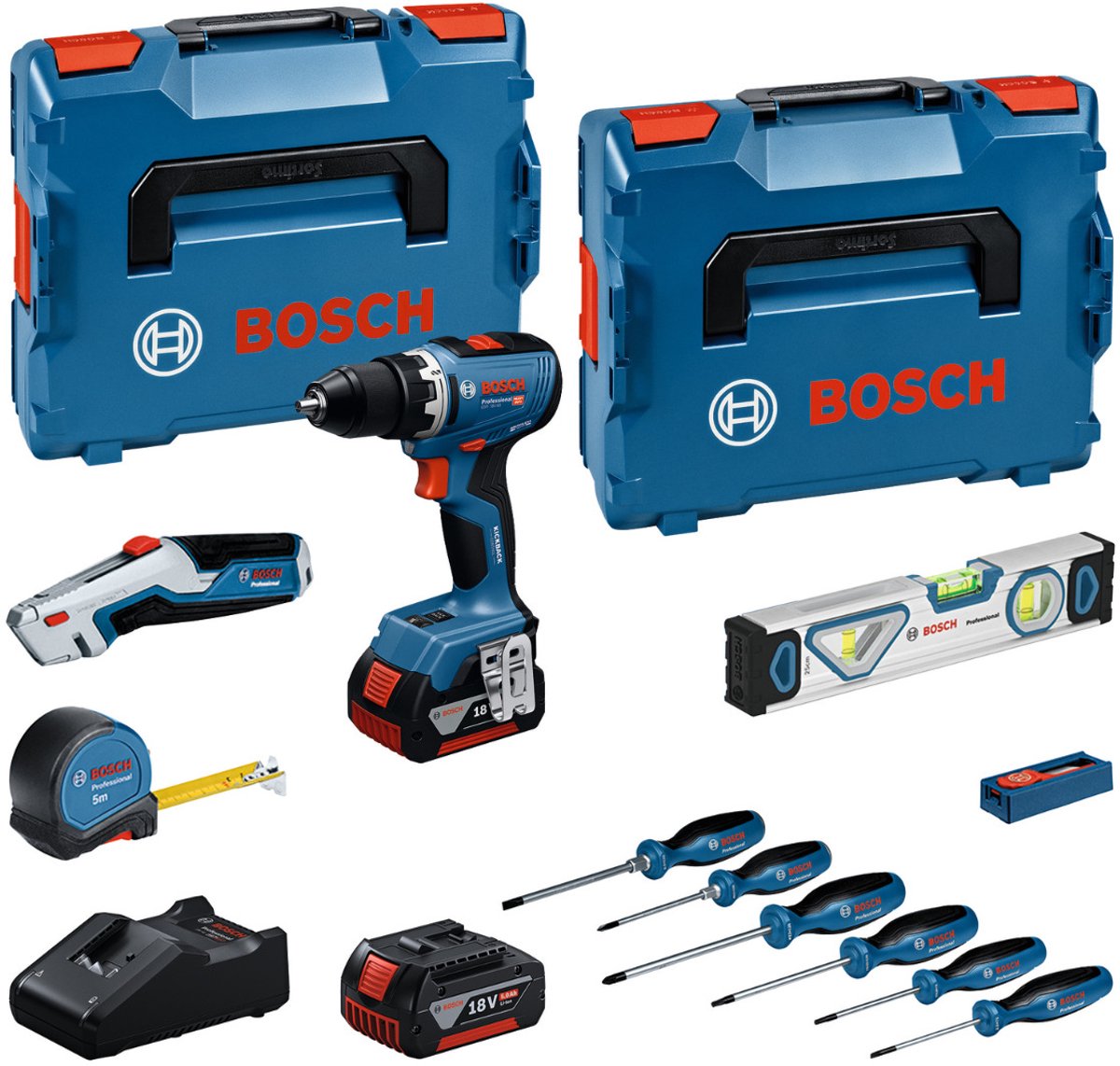Bosch professional - set combinato di utensili gsr 18v-65 trapano a batteria + set di utensili manuali 19 pezzi 18v 5.0ah in l-boxx - 0615a5007k