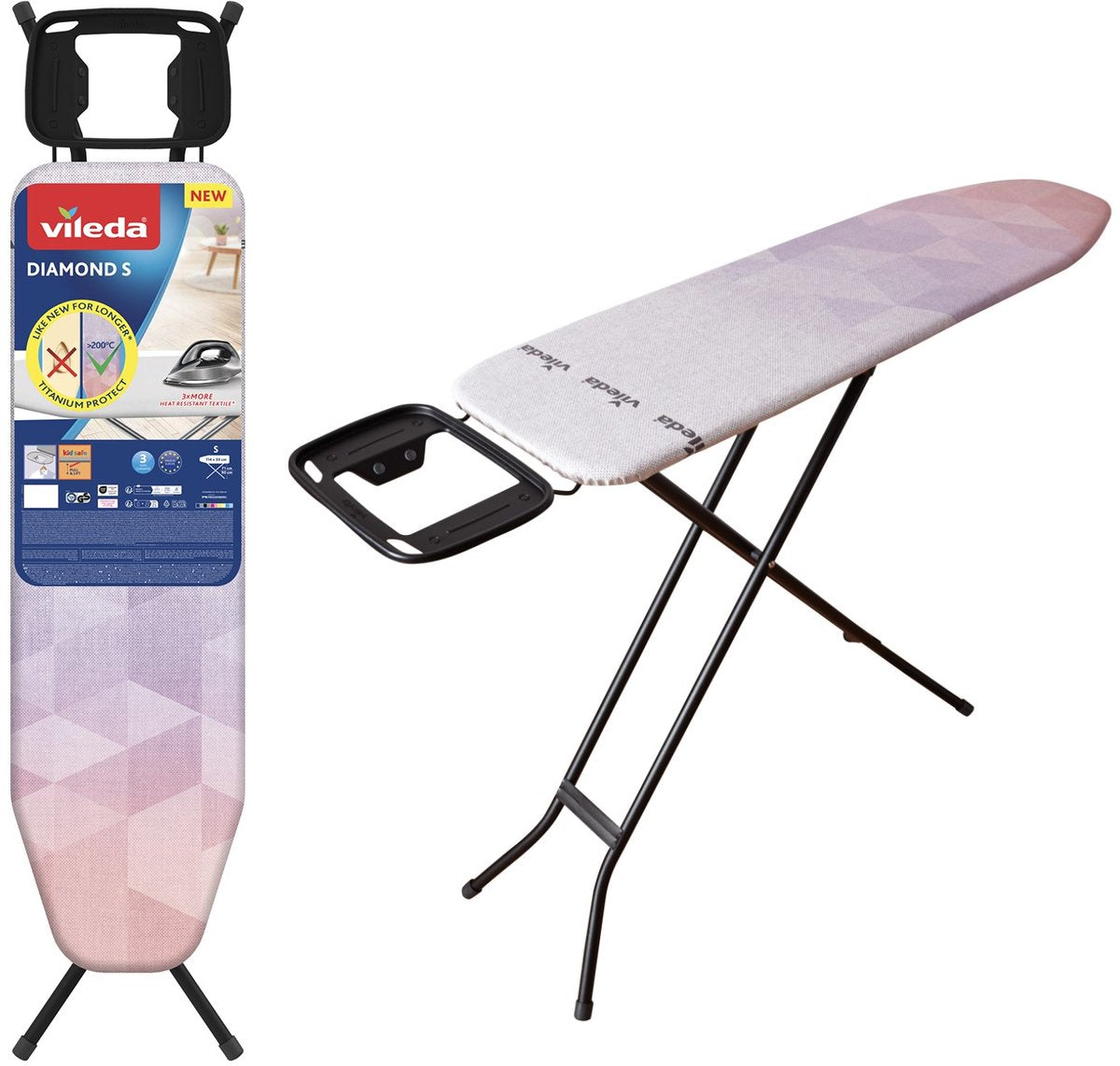 Tabla de planchar Vileda Diamond M - Gran superficie de planchado de 120 x 38 cm - Con funda resistente al calor para que parezca nueva durante más tiempo - Negro