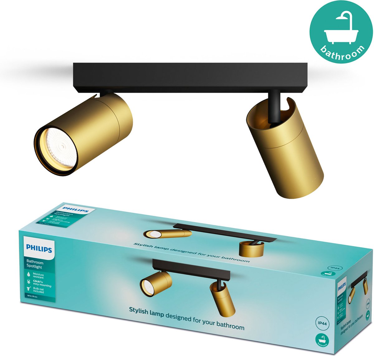 Philips Spot LED Philips Idris - faretto da soffitto - IP44 antispruzzo - 5W - nero con oro - lampada da bagno - due punti luce - adatto solo per spot LED