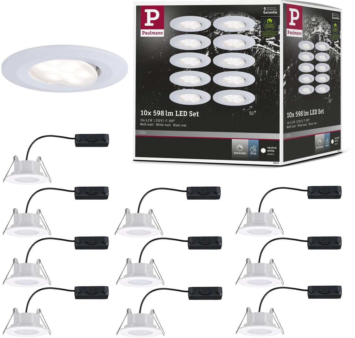 Paulmann LED empotrable Calla set básico orientable IP65 redondo 90 mm 30° 10x5,2W 10x460lm 230V regulable 4000K blanco mate