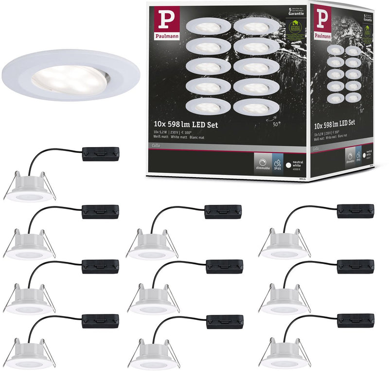 Paulmann LED empotrable Calla set básico orientable IP65 redondo 90 mm 30° 10x5,2W 10x460lm 230V regulable 4000K blanco mate