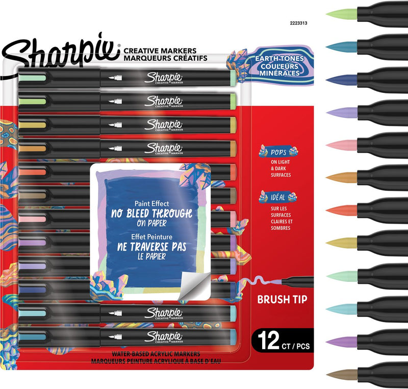 Pennarelli per pittura acrilica con pennarelli creativi Sharpie | pennarelli a vernice a base acqua | l'inchiostro non continua scrive sulla maggior parte delle superfici | punta del pennello | forniture per artigianato e arte | toni caldi | 12 pezzi