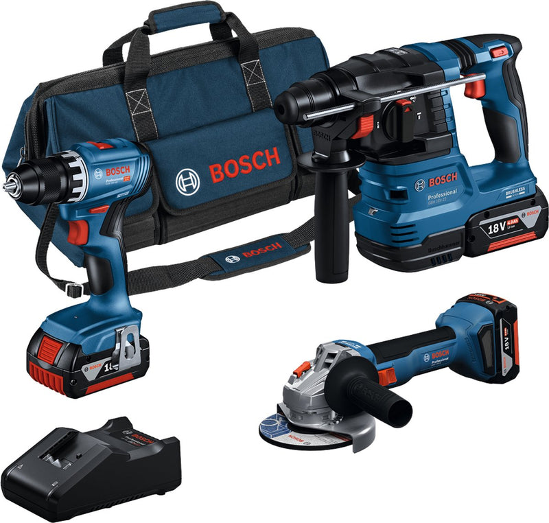 Bosch professional 18v toolkit - combination set - gsr 18v-45 + gws 18v-8 + gbh 18v-22 + 3x gba 18v 4.0 ah battery and gal 18v-40 charger