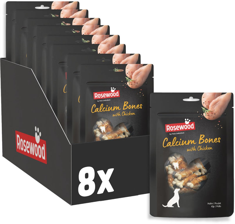 Huesos de calcio de palo de rosa de pollo - snack para perros con extra de calcio - con piel cruda de pollo - sin cereales - 8 bolsas de 100g