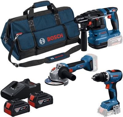 Bosch kit de herramientas bateria azul 3 kit de herramientas 18v gsr 18v-65 + gws 18v-8 + gbh 18v-22 | 2x gba 18v 4.0ah + cargador gal 18v-40 - 0615a50094
