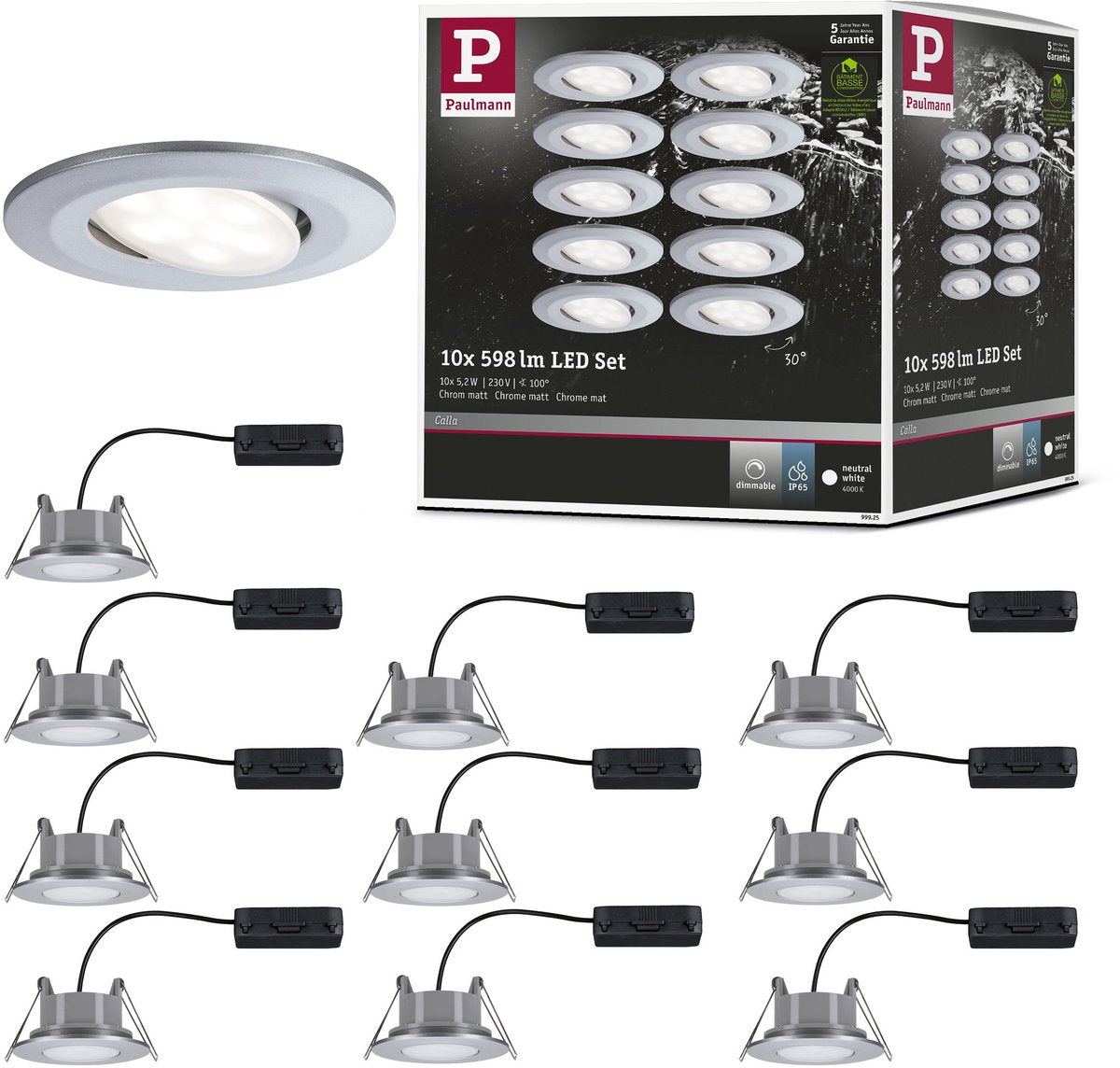 Paulmann LED empotrable Calla set básico orientable IP65 redondo 90 mm 30° 10x5,2W 10x460lm 230V regulable 4000K cromo mate