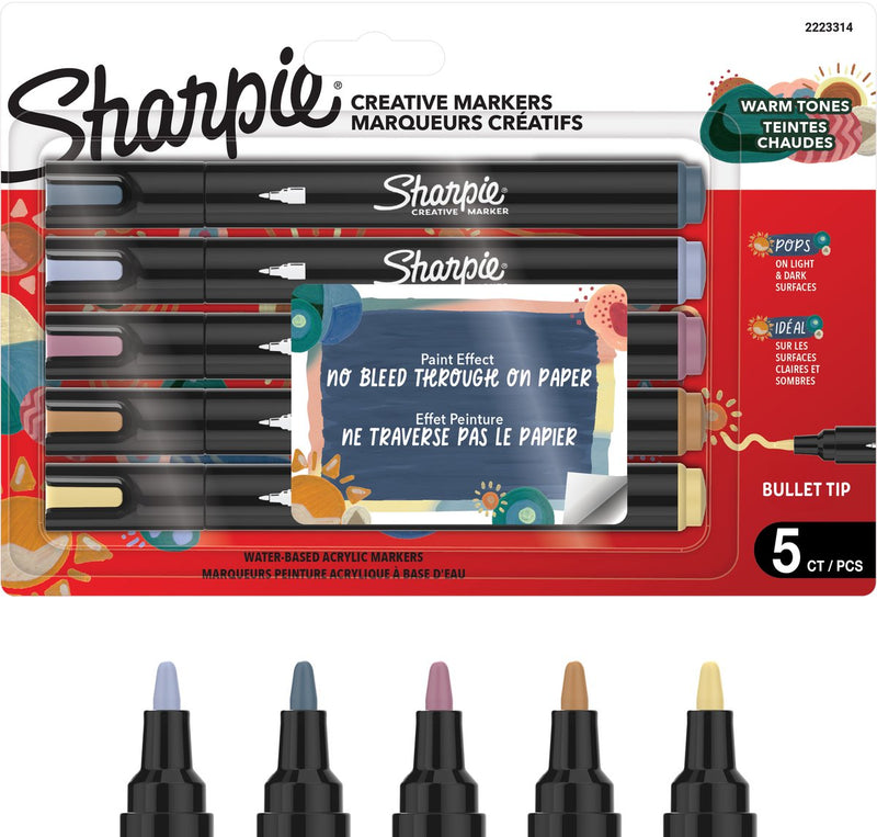Pennarelli per pittura acrilica con pennarelli creativi Sharpie | pennarelli a base d'acqua | l'inchiostro non continua scrive sulla maggior parte delle superfici | punto elenco | forniture per artigianato e arte | toni caldi | 5 pezzi