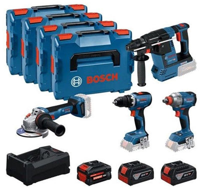 Kit de herramientas batería Bosch azul 4-kit de herramientas 18v | gsr 18v-65 + gdx 18v-285 + gbh 18v-26 + gws 18v-11 | + 2x gba 18v 5.0ah + 1x exba 18v 5.5ah + cargador - 0615a500bj