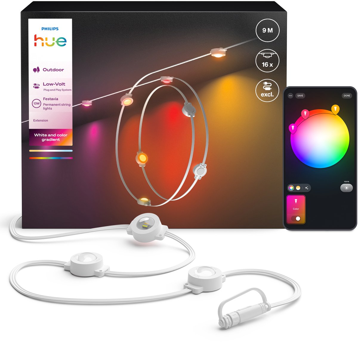 Philips hue festavia permanent uitbreiding - witte snoer 9m met 16 lampen - wit en gekleurd licht met kleurverloop - tot 50 lumen per lamp