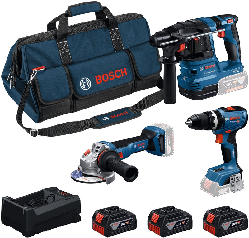 Bosch professional 3-toolkit 18v - juego combinado de herramientas - gsb 18v-65 - gbh 18v-22 - gws 18v-11 - 3x gba 5.0 ah - cargador gal 12v 18v-80