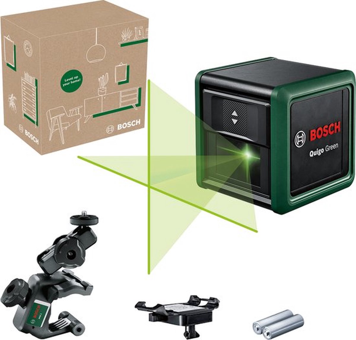 Bosch quigo green - láser de líneas cruzadas - incluye abrazadera universal mm2 - placa adaptadora - baterías