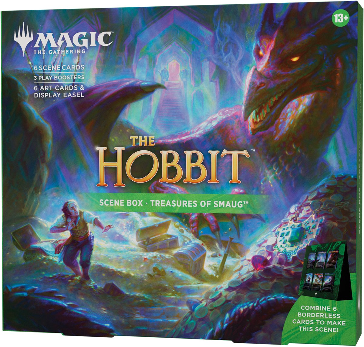Magia della raccolta magica: la raccolta | la scatola della scena dello hobbit - i tesori di smaug| 6 carte scena foil senza bordi, 6 carte artistiche, 3 buste di gioco + cavalletto da esposizione