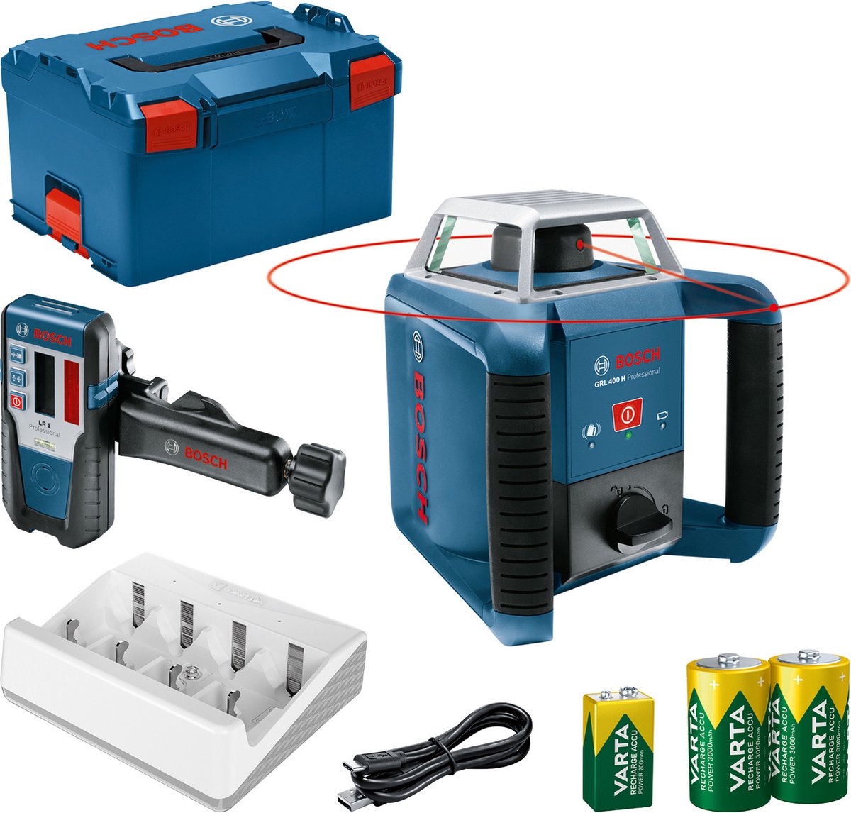 Bosch professional grl 400 h - rotatielaser -inclusief laserontvanger - oplaadbare batterijen - batterij oplader - l-boxx