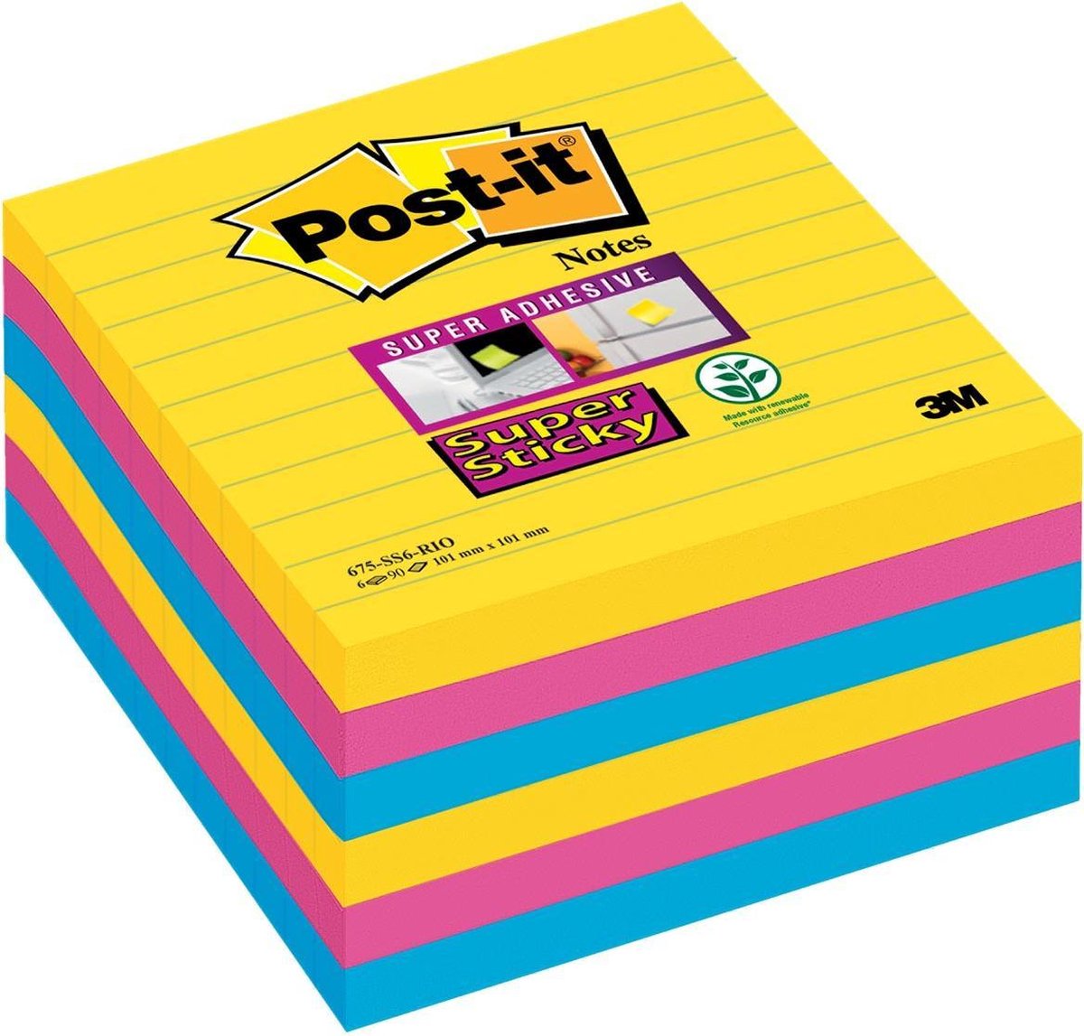 Notas super adhesivas post-it 101x101 amarillo azul rosa