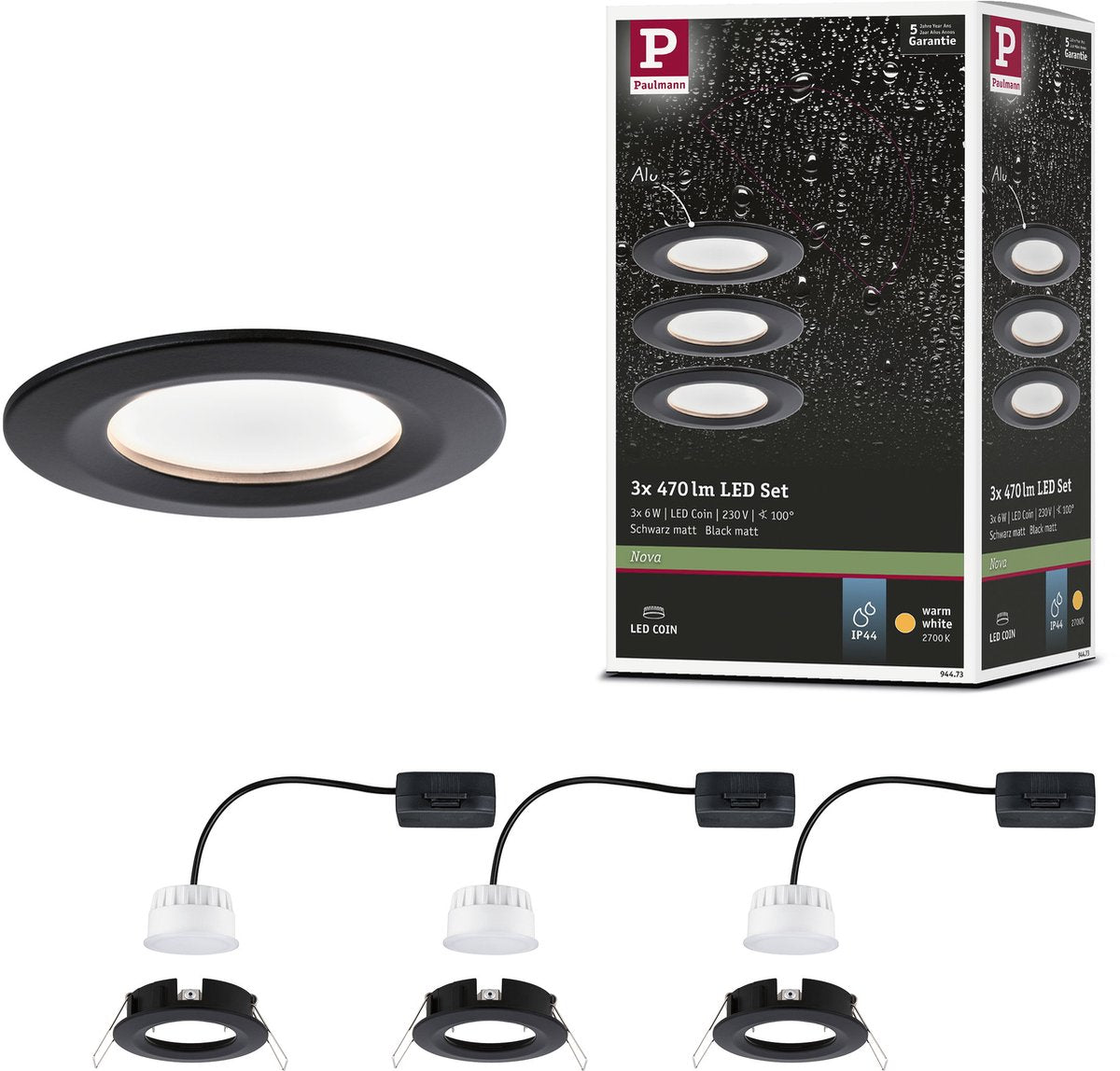 Paulmann LED da incasso nova coin basic set star ip44 rotondo 78 mm coin 3x6w 3x470lm 230v 2700k nero opaco