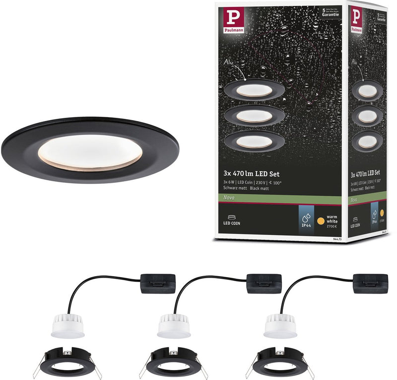 Paulmann LED da incasso nova coin basic set star ip44 rotondo 78 mm coin 3x6w 3x470lm 230v 2700k nero opaco