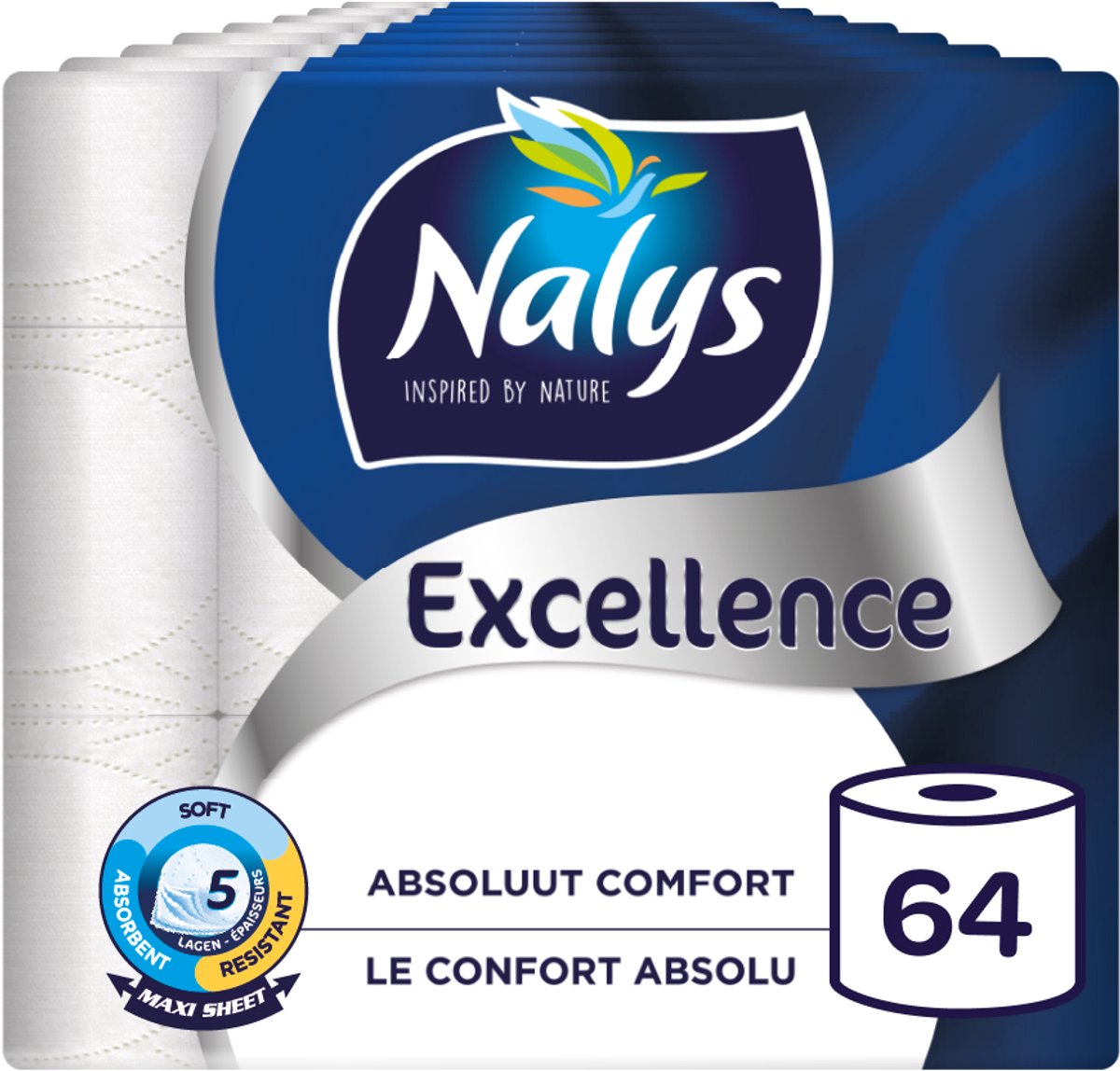 Papel higiénico Nalys excellence - 64 rollos - maxi hojas (5 capas) - paquete económico - embalaje de papel