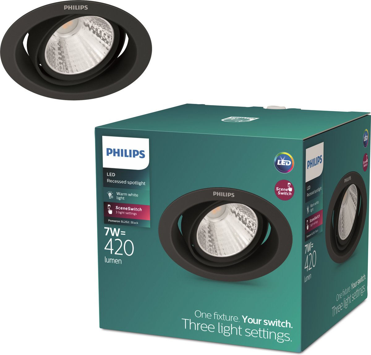Philips led philips pomeron inbouwspot - sceneswitch - 7w - warmwit licht - zwart