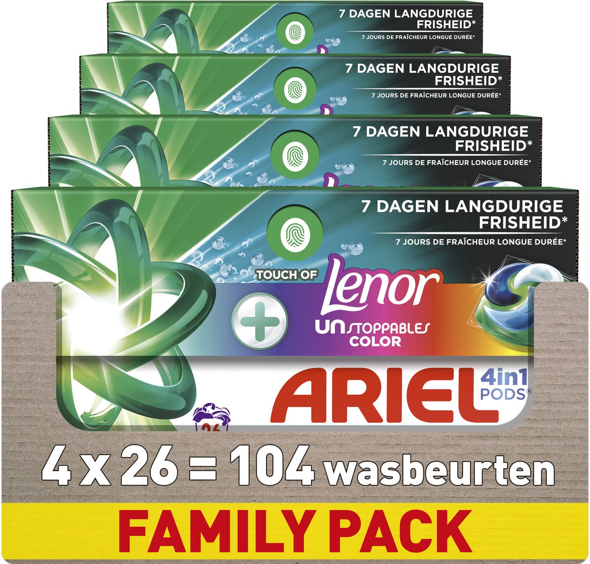 Ariel 4in1 wasmiddel pods +touch of lenor unstoppables color - 4 x 26 wasbeurten