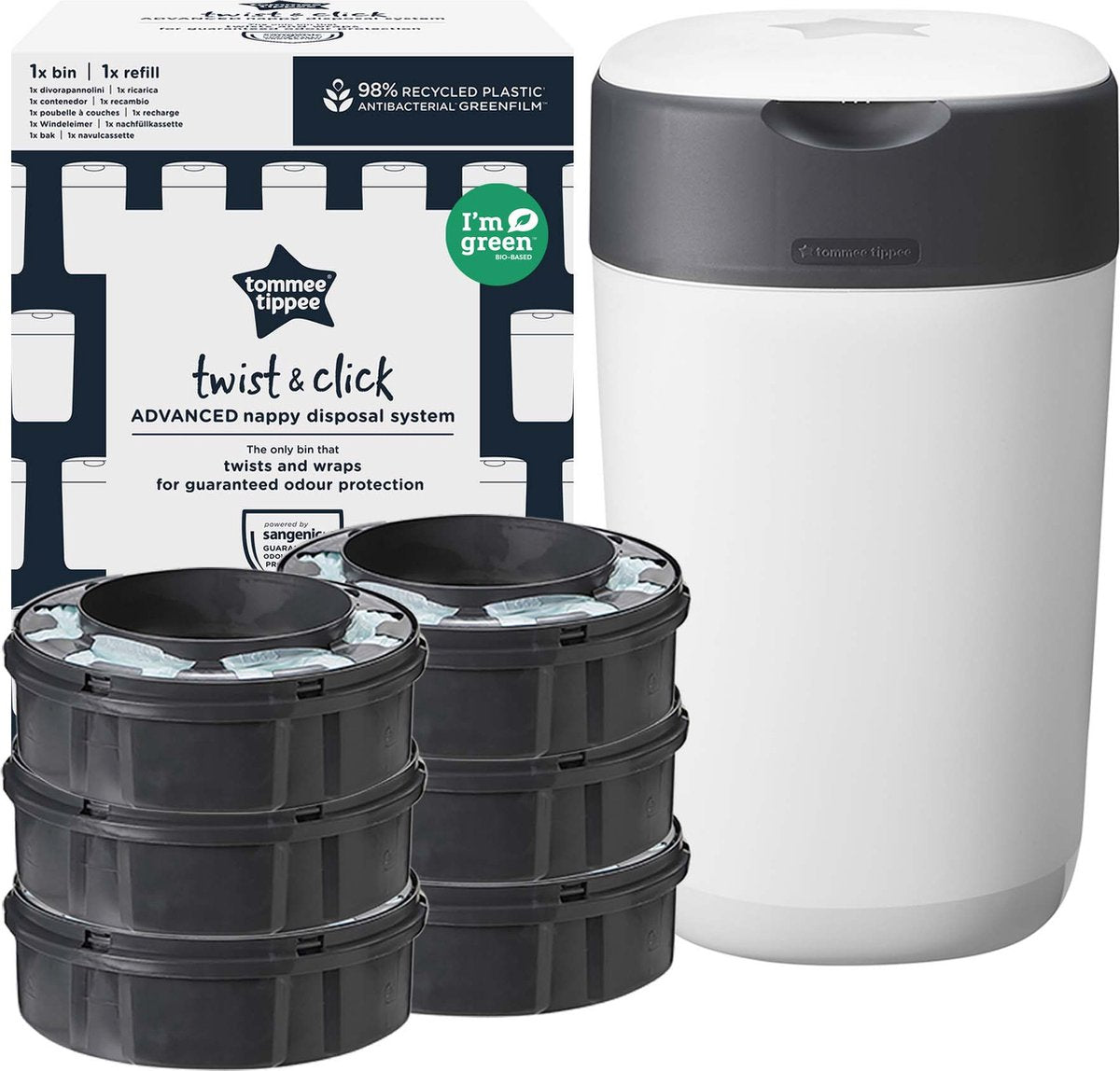 Juego básico de cubo de pañales Twist Click de Tommee Tippee - 6 recambios - blanco