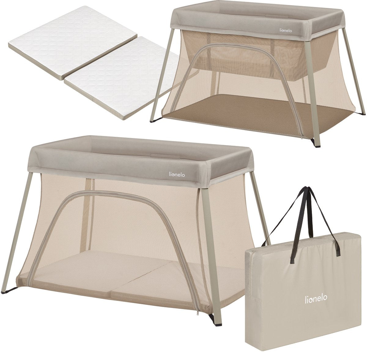 Lionelo Alice - Lettino, box e lettino da viaggio 3 in 1 - lettino da campeggio - materasso con schiuma T25 - 2 posizioni di altezza - leggero (5,5 kg) - pieghevole compatto - cerniera - inclusa borsa per il trasporto - rivestimento sfoderabile e lavabile
