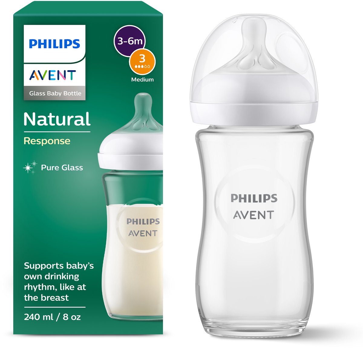 Biberón de vidrio Philips Avent Natural Response - 240 ml - flujo 3 - libre de bps - 1 biberón - scy933 01