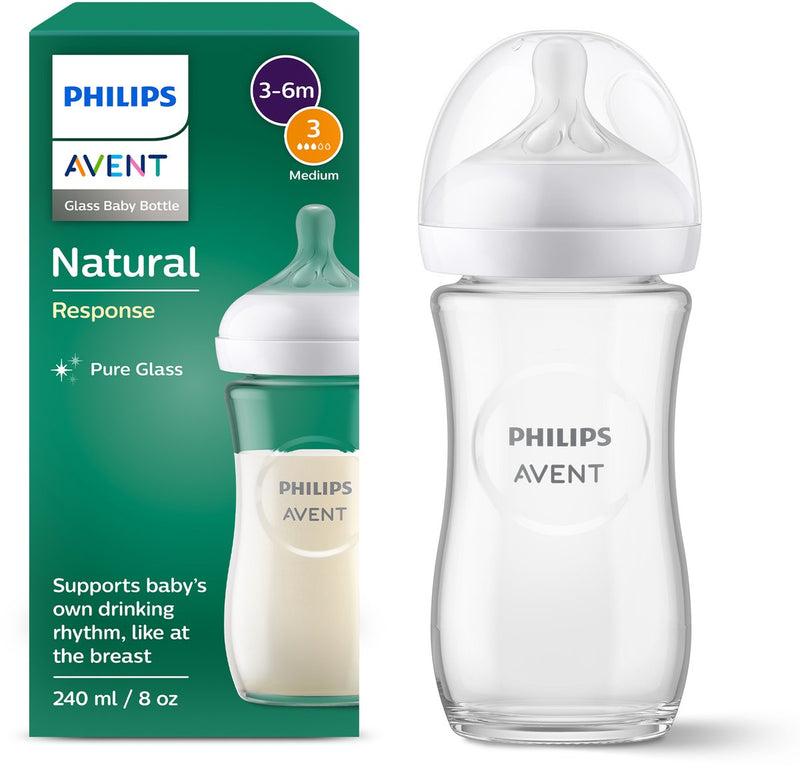 Biberon in vetro Philips Avent Natural Response - 240 ml - flusso 3 - bps libero - 1 biberon - scy933 01