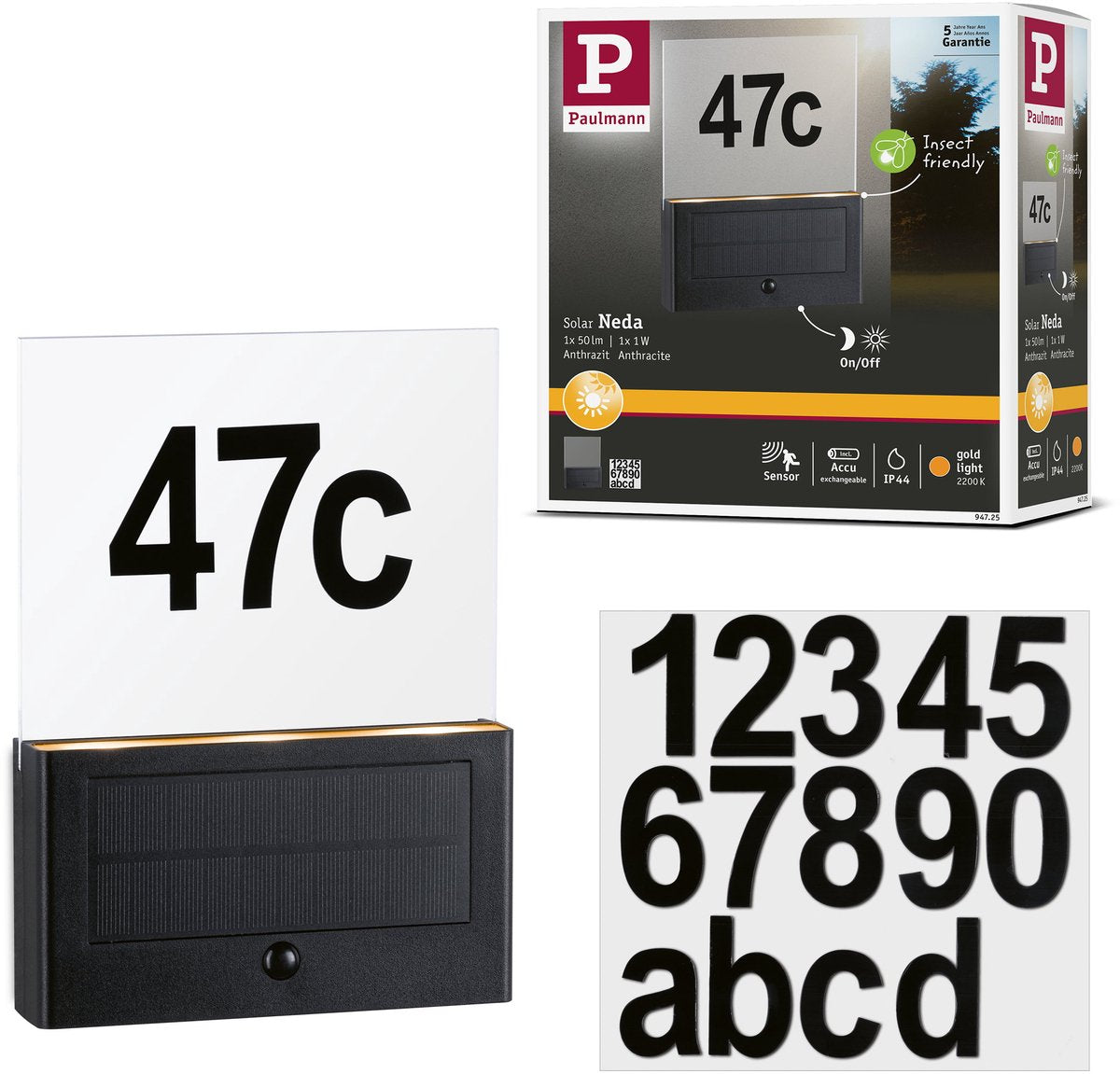 Paulmann solar led-huisnummerverlichting neda bewegingsmelder insectvriendelijk ip44 2200k 18lm antraciet