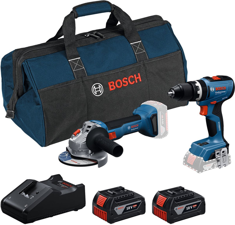 Bosch professional 18v toolkit - combiset - gws 18v-8 + gsb 18v-65 + 2x gba 18v 4.0 ah + gal 18v-40 lader