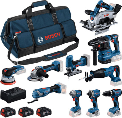 Kit de 10 herramientas Bosch azul 18v | paquete combinado 3 x 5.0ah + cargador | en bolsa de herramientas - 0615a500eh