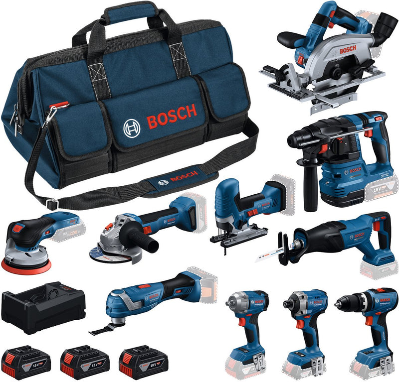 Kit de 10 herramientas Bosch azul 18v | paquete combinado 3 x 5.0ah + cargador | en bolsa de herramientas - 0615a500eh