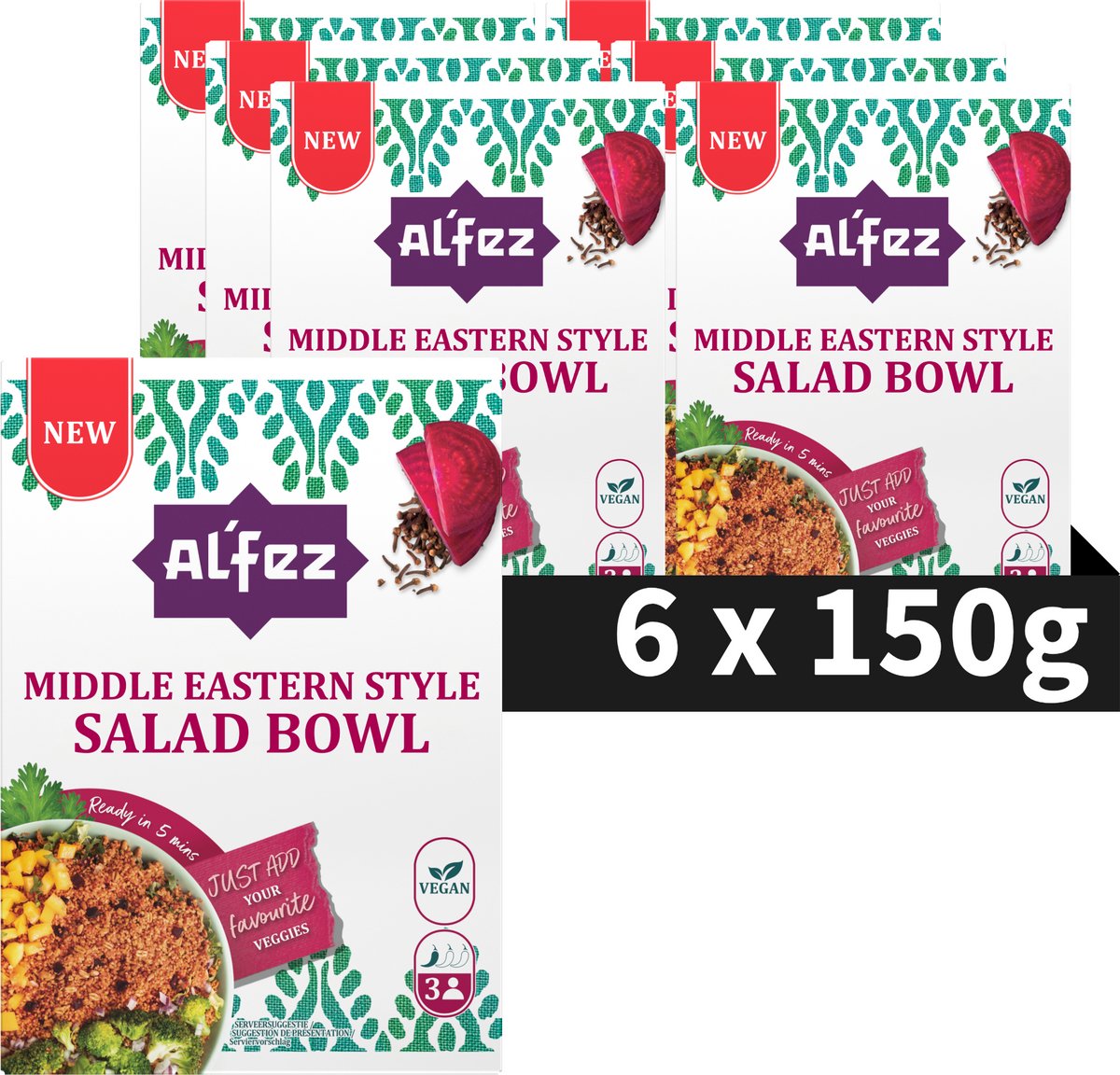 Al'fez al'fez ensaladera de Oriente Medio - 6 x 150 gramos - ensalada vegana de cuscús y espelta - hierbas de Oriente Medio - paquete económico