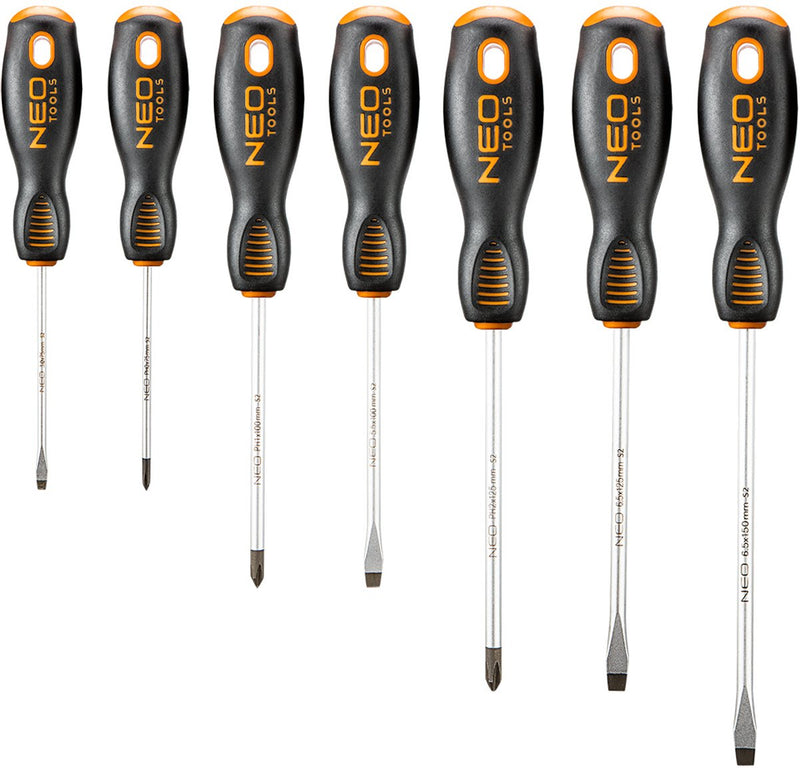 Serie Neo - set di cacciaviti - testa piatta e a croce - 7 pezzi - punta magnetica - acciaio s2 resistente