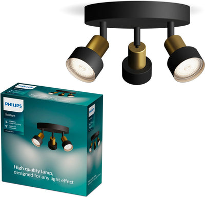 Philips LED Philips Conduit Spot - Foco de techo con tres puntos de luz - Negro con diseño dorado - Accesorio LED Gu10 - Placa base redonda