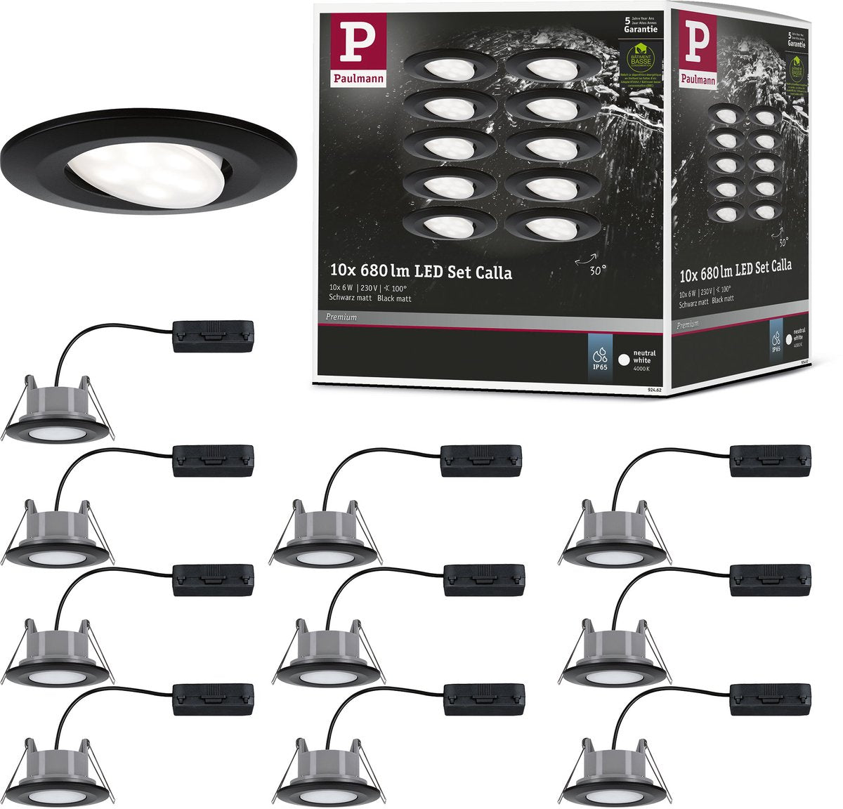 Paulmann led-inbouwlamp calla basedset zwenkbaar ip65 rotondo 90 mm 30° 10x6w 10x500lm 230v 4000k nero opaco