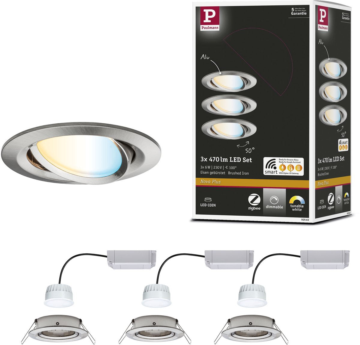 Paulmann Lámpara empotrable LED Smart Home Zigbee 3.0 Nova Plus Coin Basic Set Giratorio Redondo 84mm 50° Coin 3x6W 3x470lm 230V Regulable Tunable Blanco Acero Cepillado