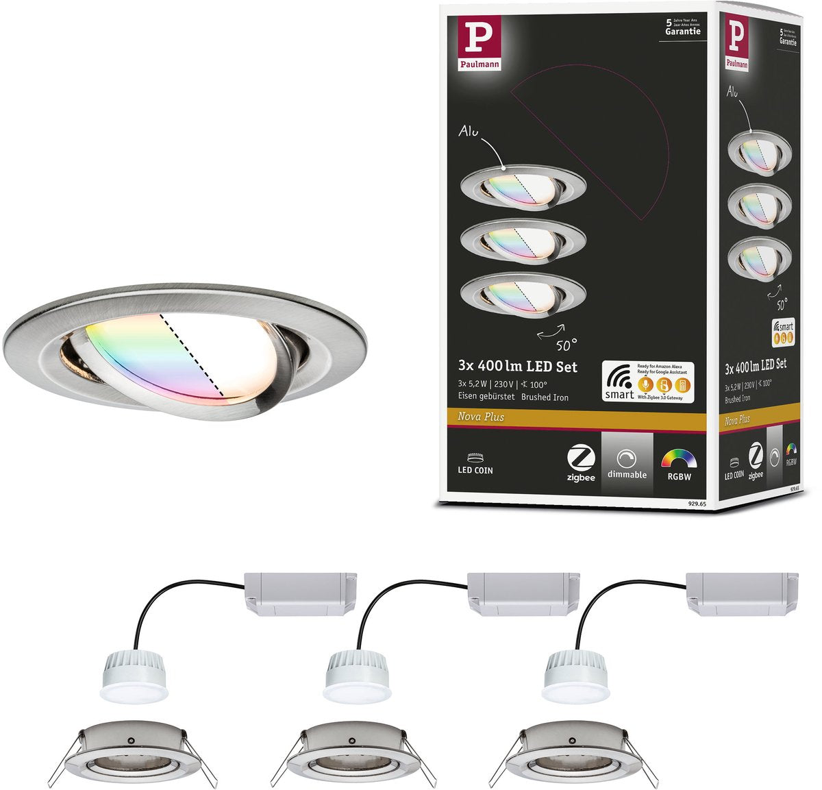 Paulmann Foco empotrable LED Smart Home Zigbee 3.0 Nova Plus Coin Basic Set Giratorio Redondo 84mm 50° Coin 3x5,2W 3x400lm 230V Regulable RGBW+ Acero Cepillado