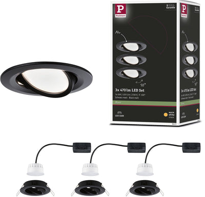 Paulmann LED recessed lamp nova coin set of 3 swiveling round 84 mm 50° coin 3x6w 3x470lm 230v 2700k black matt