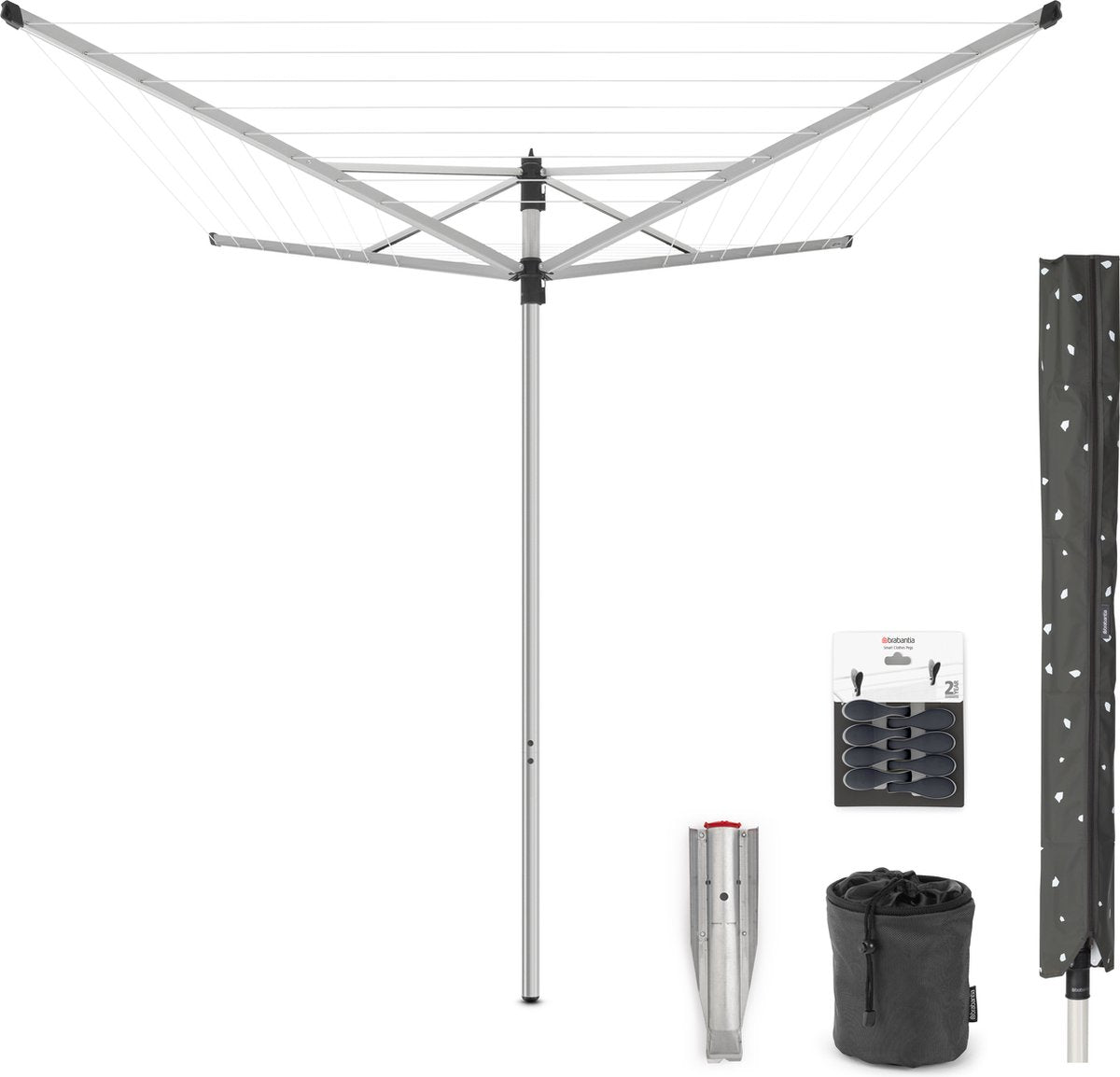 Stendibiancheria Brabantia lift-o-matic - 40 m - con ancoraggio a terra in metallo - copertura protettiva - borsa per mollette e mollette - grigio metallizzato