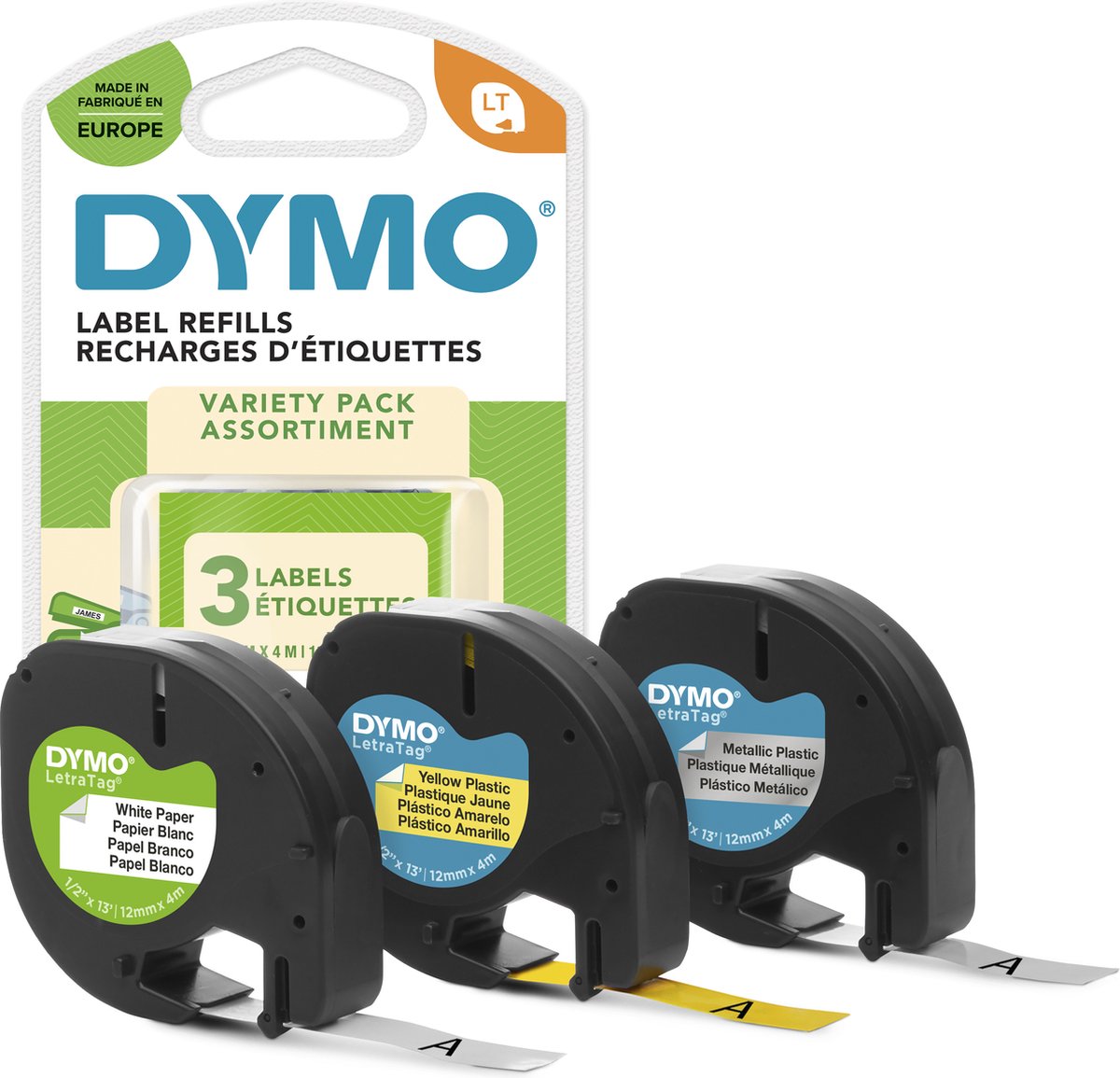 Starter pack di etichette letratag originali Dymo con etichette in carta, plastica e metalliche | 12 mm x 4 m su rotolo | autoadesivo | 3 rotoli | per le stampanti di etichette letratag