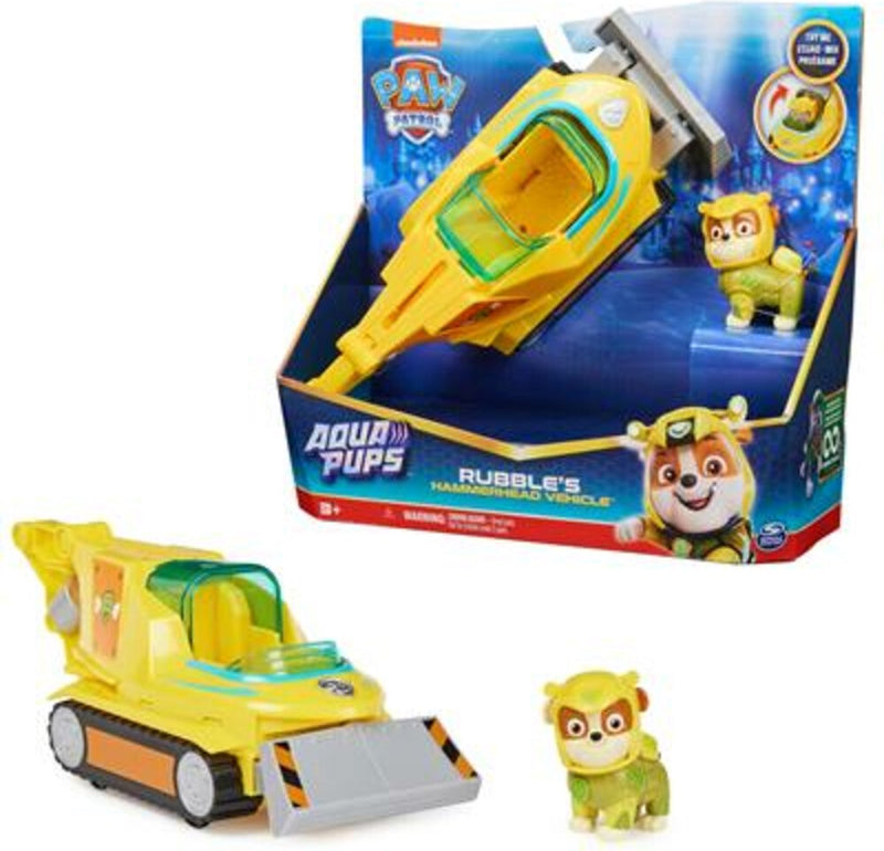 Paw Patrol Aqua Pups - Vehículo transformador de tiburón martillo con figura de juego de escombros