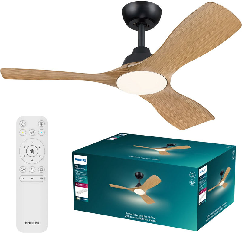 Ventilatore Philips LED Philips Olas con lampada LED - diametro: 106cm - luce bianca regolabile da 3000k a 6500k - dimmerabile fino al 5% - incluso telecomando - 2650 lumen - legno nero