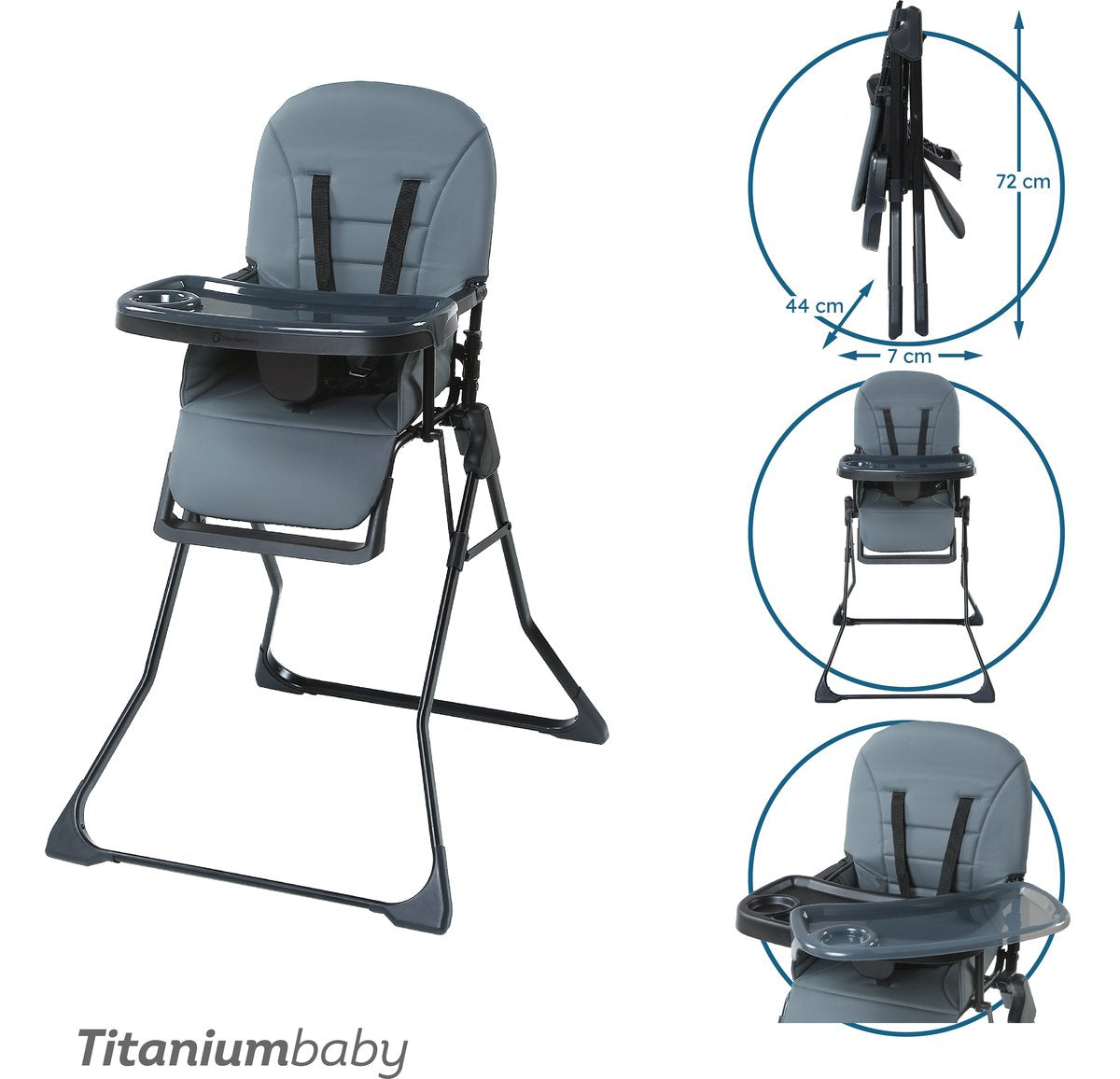 Titanium baby titaniumbaby kinderstoel bistro charcoal grey eenvoudig reinigbare bekleding extra afneembaar eetblad verstelbaar eetblad compact inklapbaar design