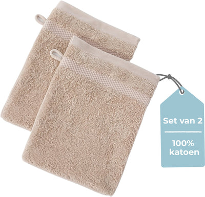 Hush. living hush living - washand 100% katoen - set van 2 - zware kwaliteit 500g m2 - stijlvol boord en ophanglus- 16x22cm - zand