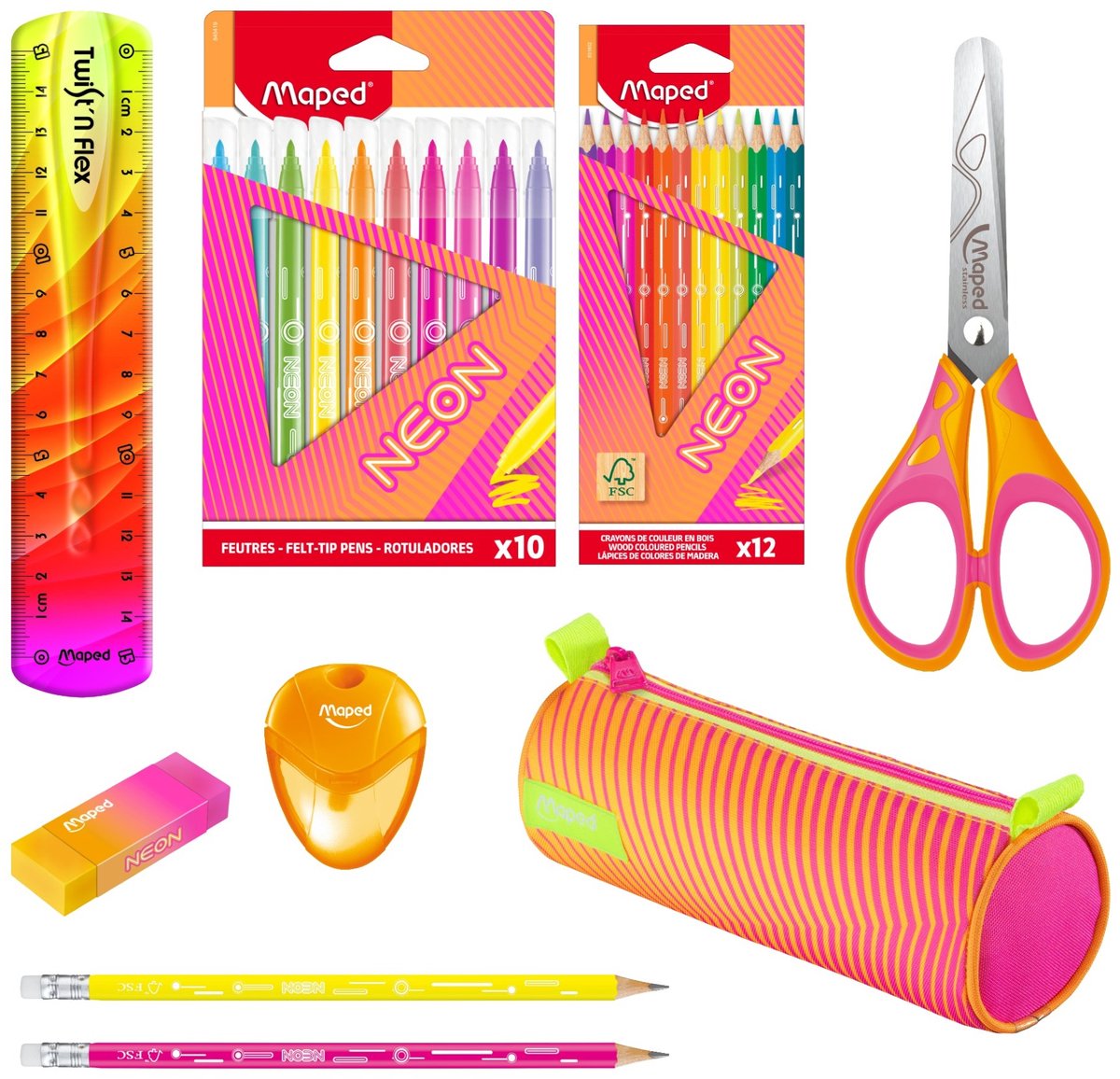 Pacchetto Maped Office Maped Neon XL: set da disegno completo con astuccio, matite, pennarelli e forbici