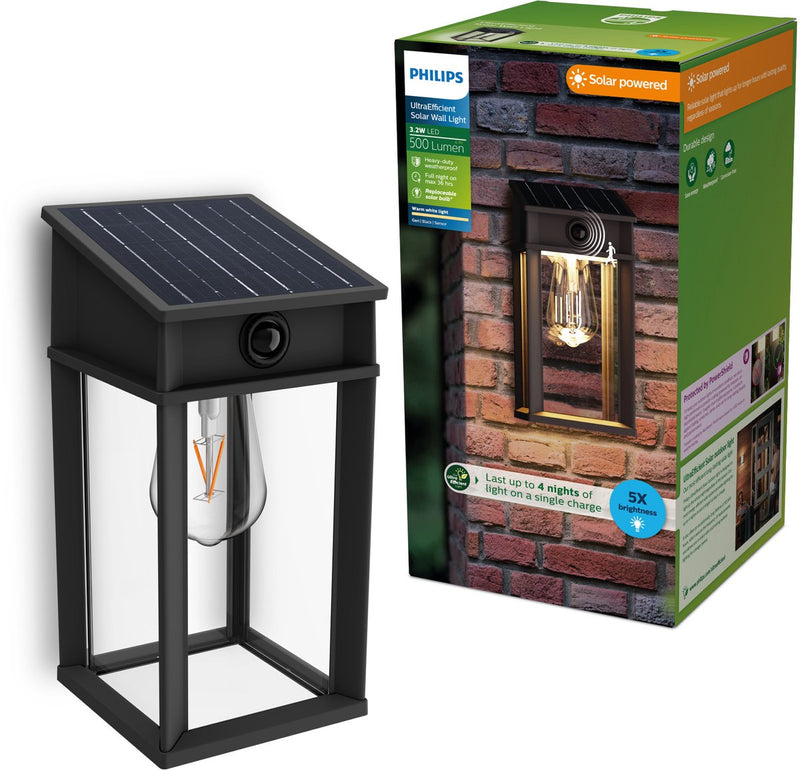 Philips LED Philips Geri aplique - LED ultraeficiente - lámpara solar para exterior - luz blanca cálida 2700k - negro - diseño rectangular - sensor de movimiento - energía solar - sensor crepuscular